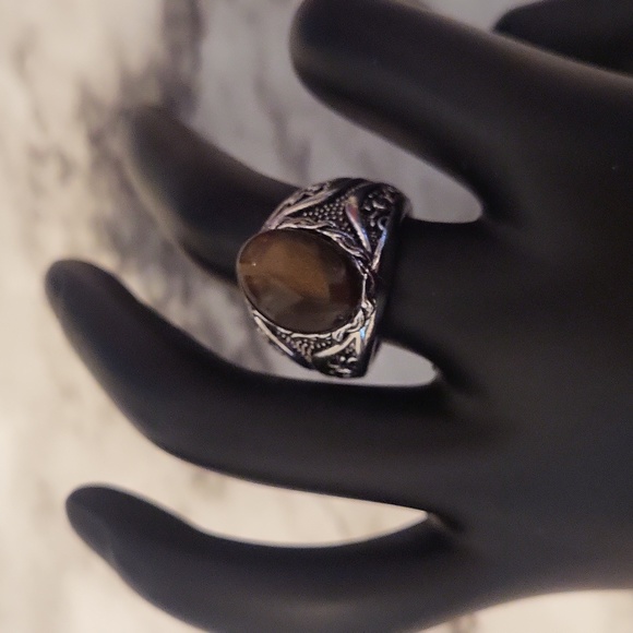 Vintage Tiger Eye Silvery Ring Bohemian Style Size 8 - Picture 6 of 17